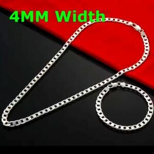 Elegant 4mm Silver Plated Cuban Necklace & Bracelet Set Birthday Christmas Gift